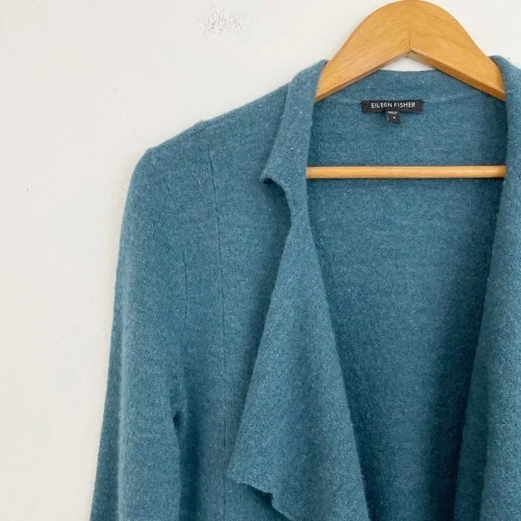 Eileen Fisher Merino Wool Teal Draped Open Front Long Sleeves Sweater Cardigan S - Picture 3 of 16